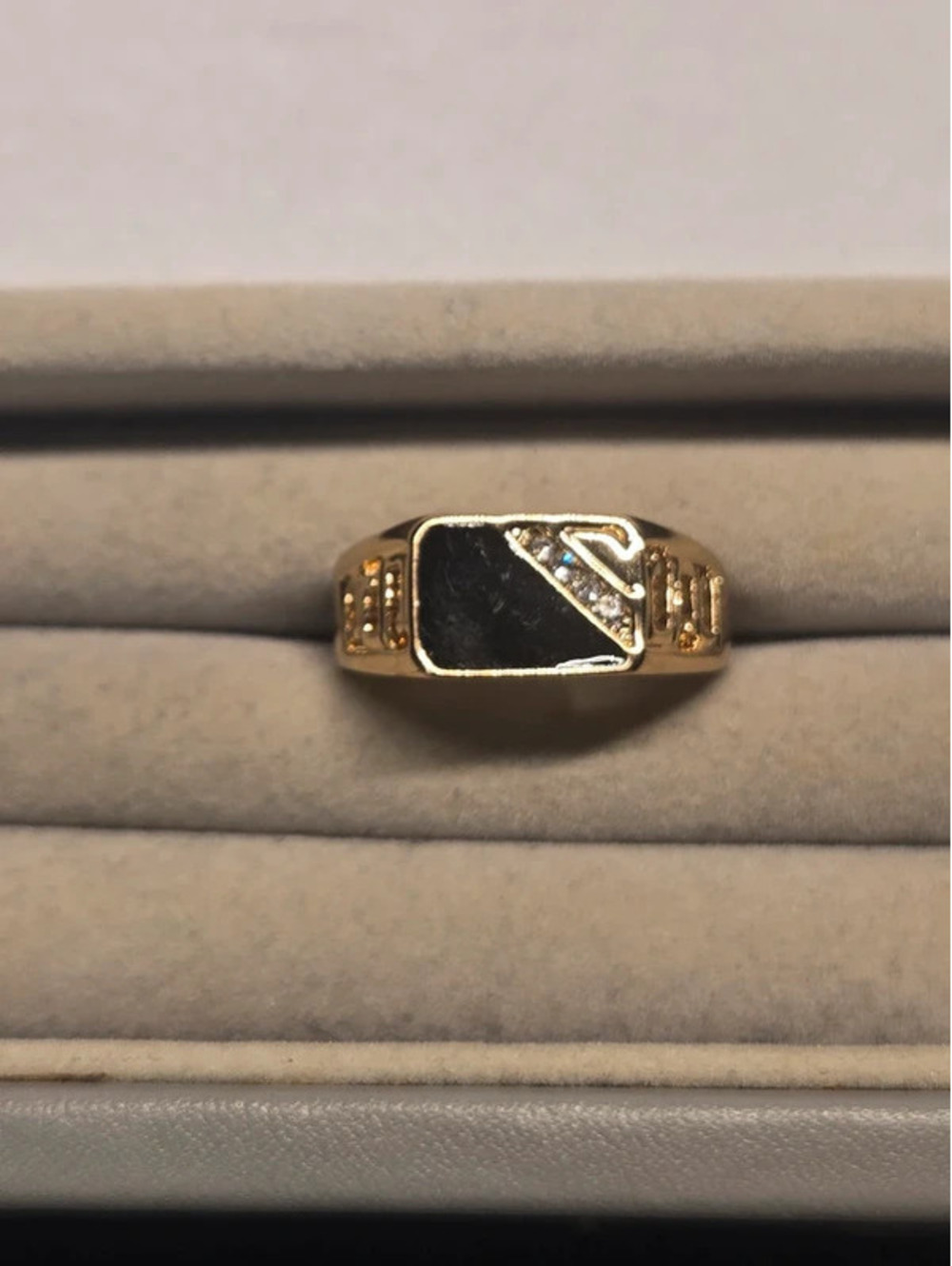 Men’s Gold-Tone Black Onyx Style Statement Ring with Clear Accent Stones